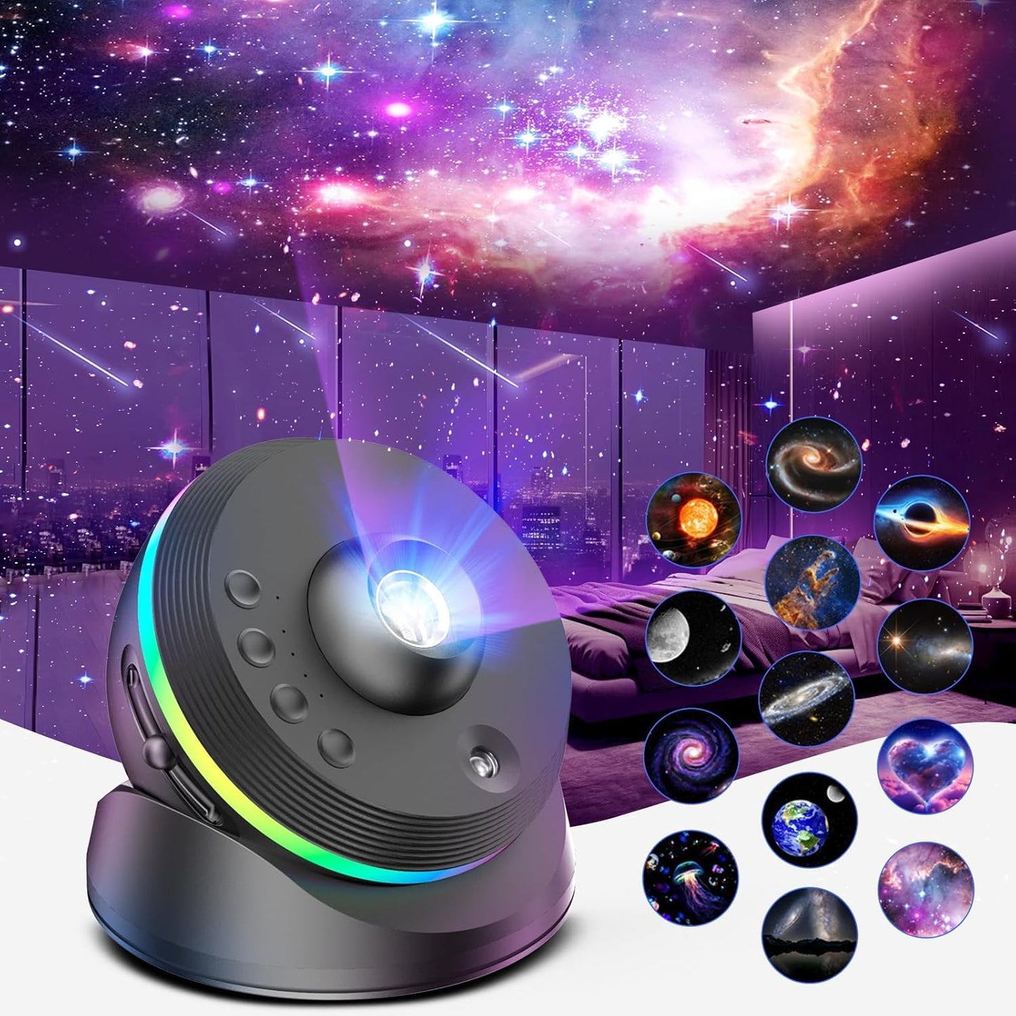 Galaxy Projector – 13 Replaceable Discs | 4K HD Star Light Projector with Dynamic Meteors, 360° Rotation, Nebula & Large Projection Night Light for Kids, Adults, Bedroom, Room Decor